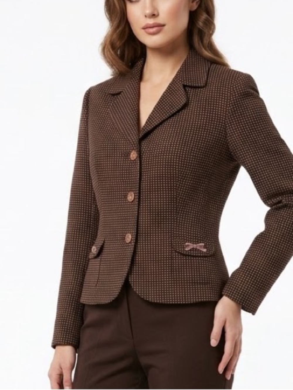 Tahari Arthur S Levine 80% Wool Brown Polka Dot Blazer Jacket Petite 14P
